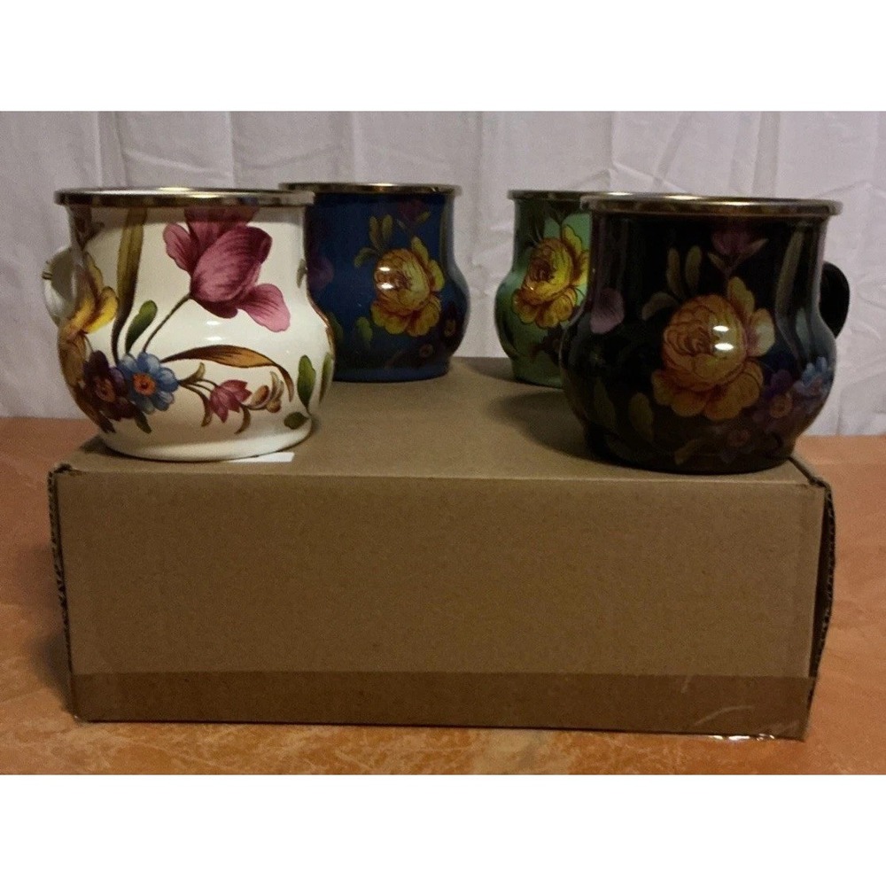 Set Of 4 Mackenzie Childs Flower Market Enamel Mug 16 oz. With Box
